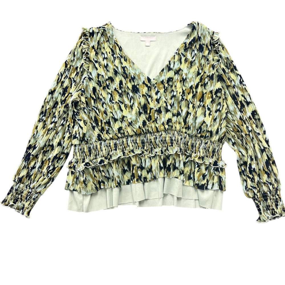 Chelsea28 Womens 2X Floral Green Textured Plisse Smocked Waist V-Neck Blouse NWT